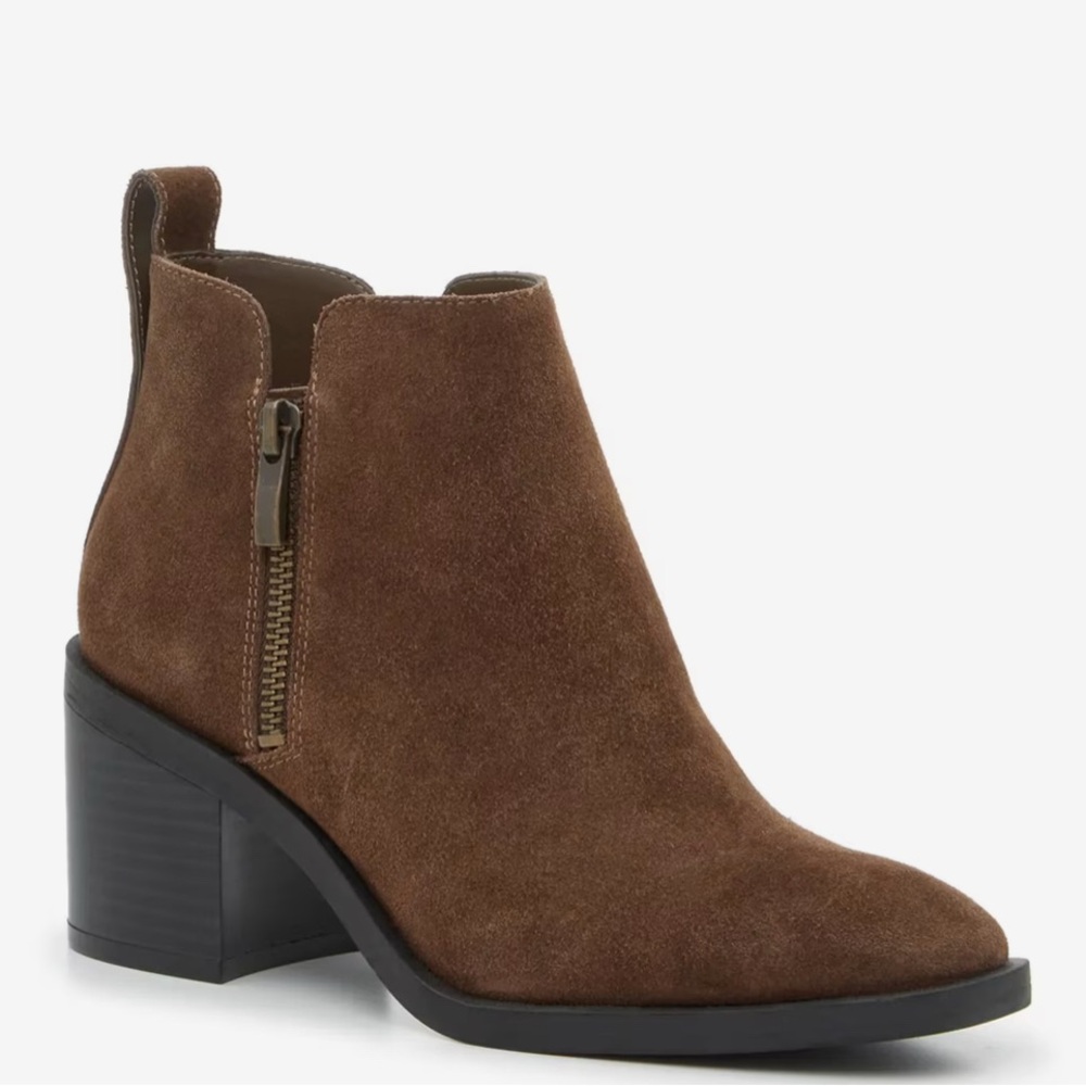 STEVE MADDEN CHOCOLATE BROWN SUEDE SAFIRA DOUBLE ZIP ANKLE BLOCK HEEL BOOT size8